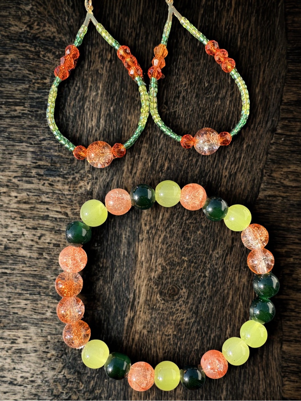 Earths Abundance Earrings and Bracelet Set (Orange and Green)